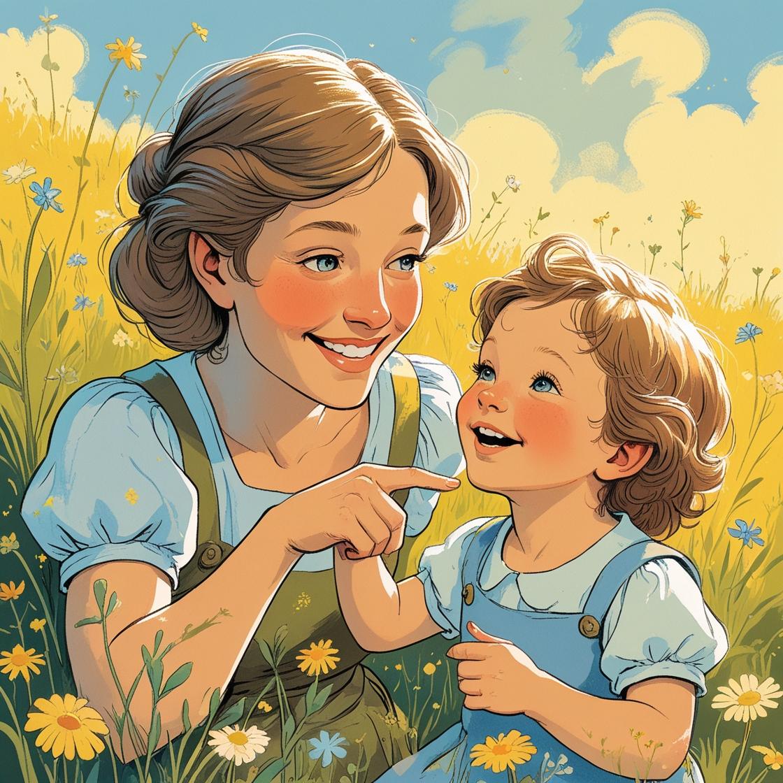 vytvoř mi prosím ilustrativní pohádkový obrázek kde se dítě a dospělý učí hravě anglickou konverzaci, ať jsou tam lidé evropského typu (1) Tarot karta Zamilovaní s archandělem Rafaelem symbolizující lásku, vztahy a duchovní vedení.